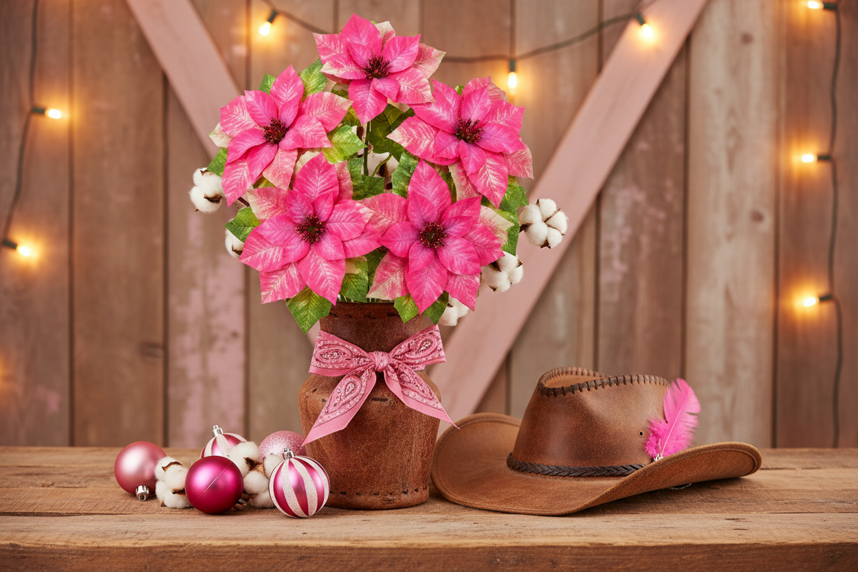 Pink poinsettia bush in a galvanized bucket with pink bandana ribbon, cowboy hat, dried cotton stems, and warm string lights in a pink western Christmas vignette