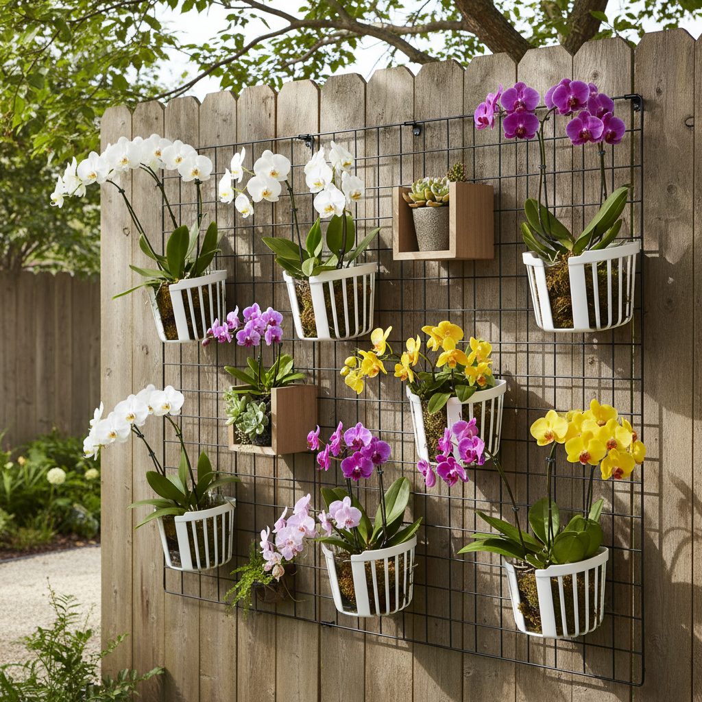 White acrylic hanging planter baskets with orchids displayed on outdoor garden fence modern botanical plant display