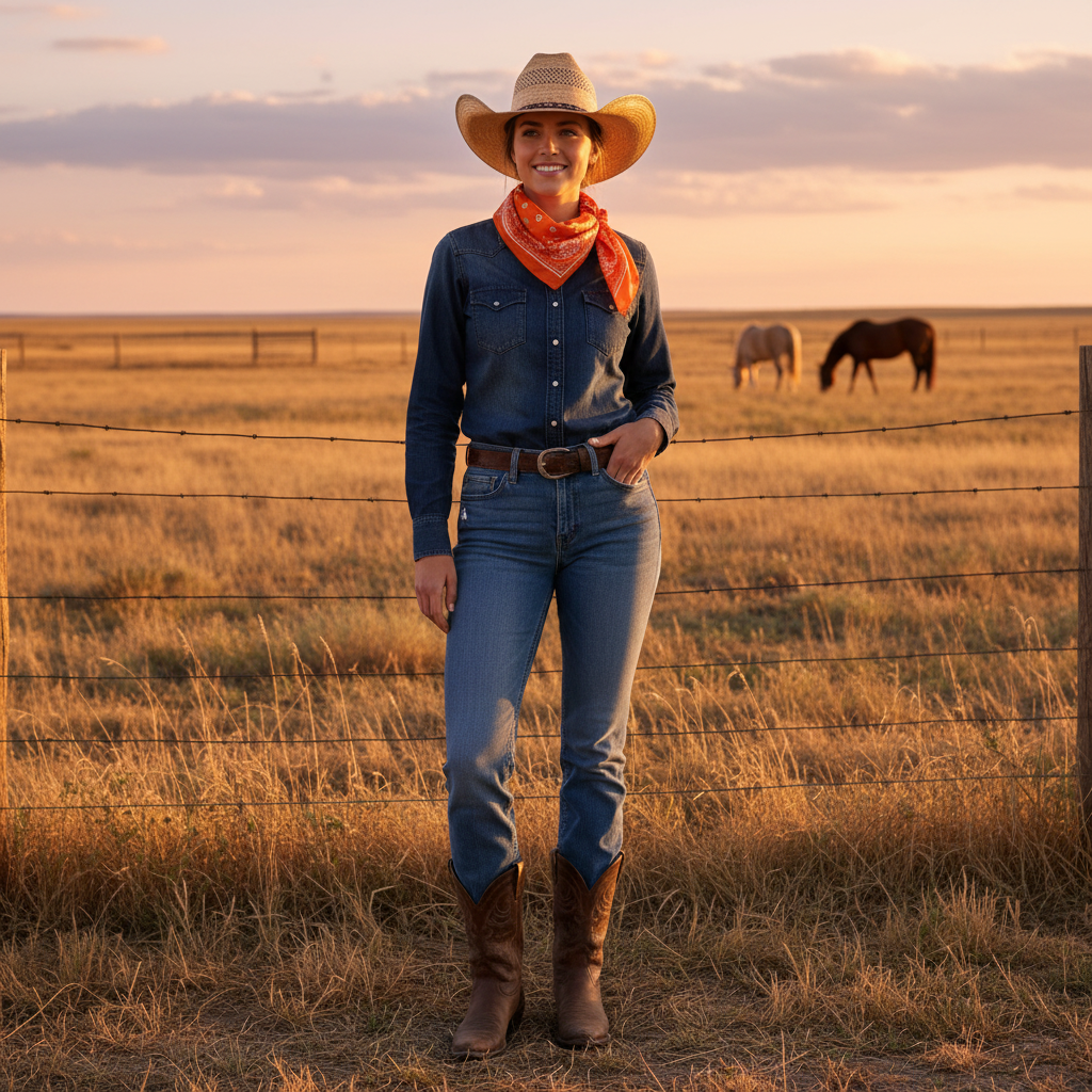 Woman wearing bright orange paisley wild rag scarf tied around neck at ranch, western cowgirl style golden hour