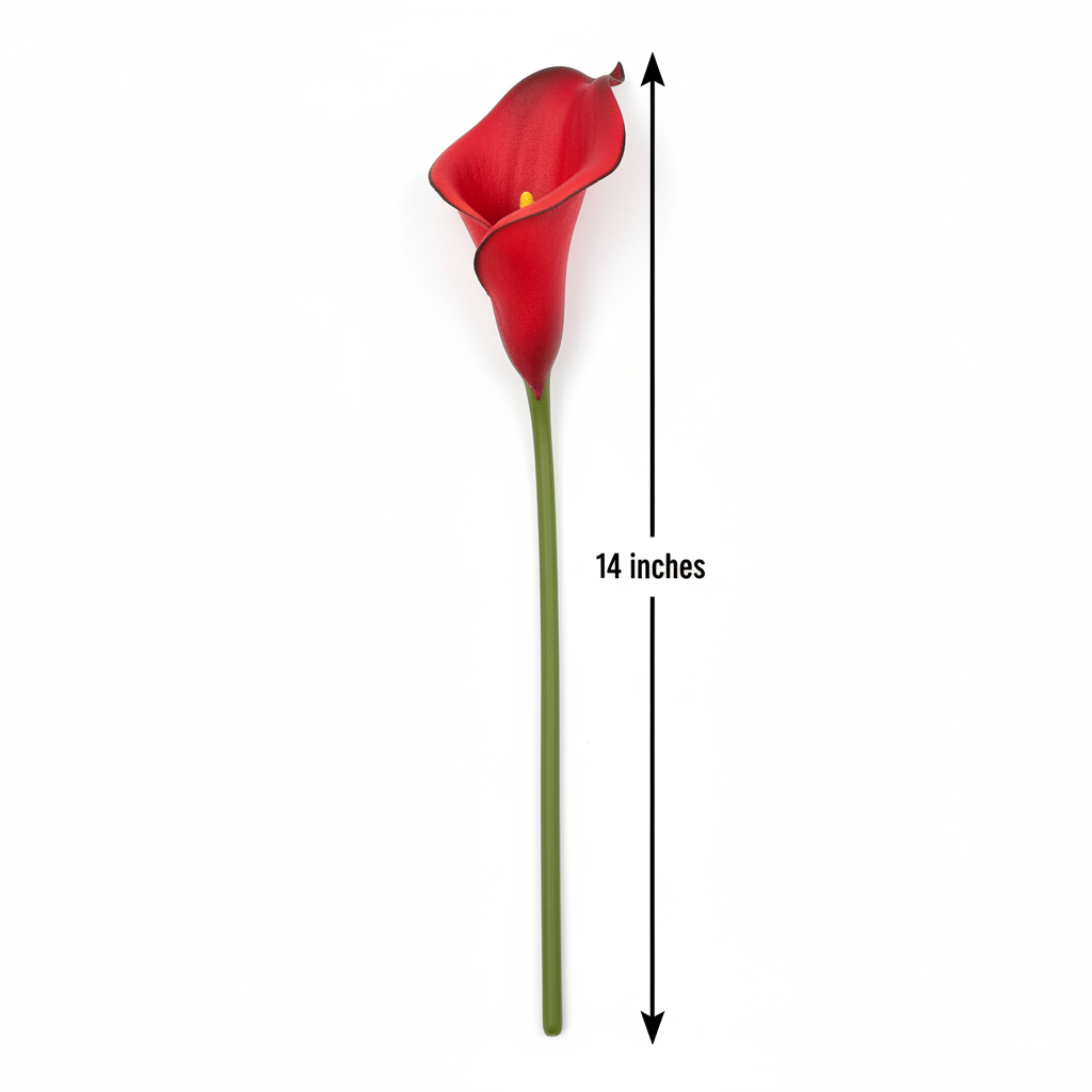 Cherry red black edge artificial calla lily stem measurement diagram showing 14 inch length on white background