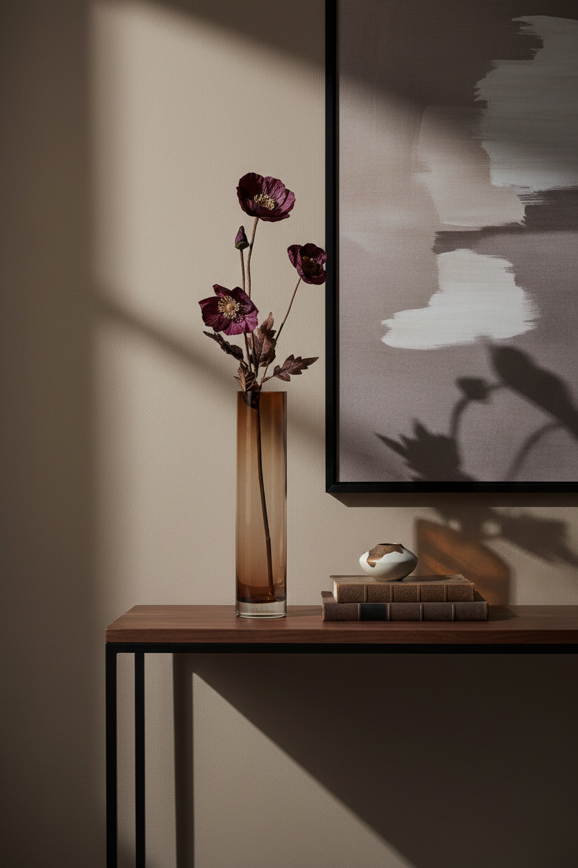 Single dark purple artificial flower stem in tall amber glass vase on modern console table, moody home decor