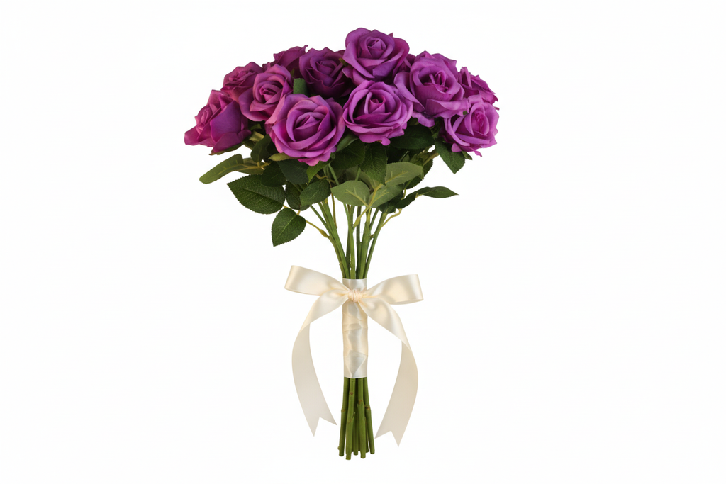 Purple rose bouquet hand-tied with ribbon shown from side view on white background