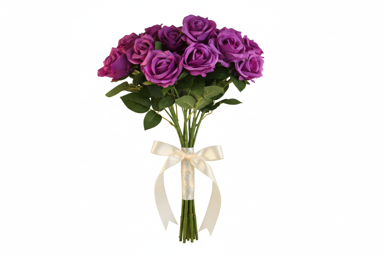 Purple rose bouquet hand-tied with ribbon shown from side view on white background