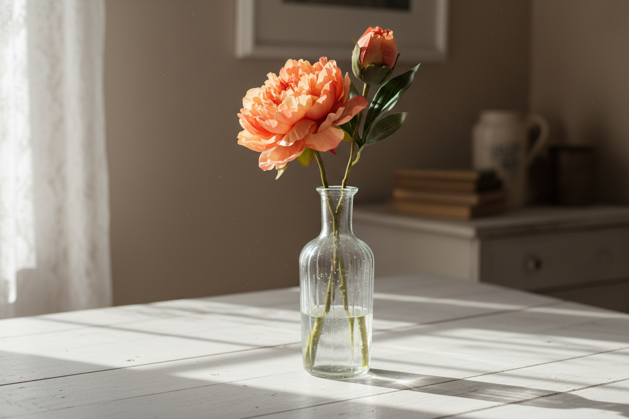 Peach coral silk peony stem displayed in a clear glass vase on white farmhouse table with soft natural window light, cottagecore home decor styling