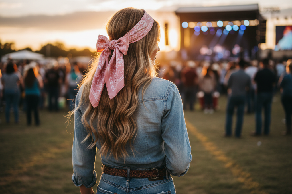 Blush pink paisley wild rag worn as hair scarf at country concert