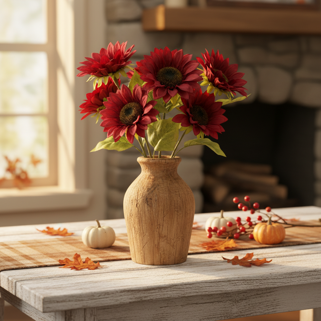 Burgundy sunflowers in rustic wooden vase on farmhouse table with warm autumn lighting, fall decor setting