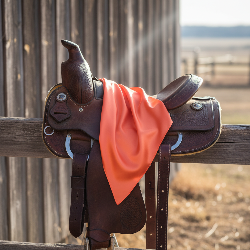 Coral orange wild rag scarf draped over western saddle on wooden fence, rustic ranch setting