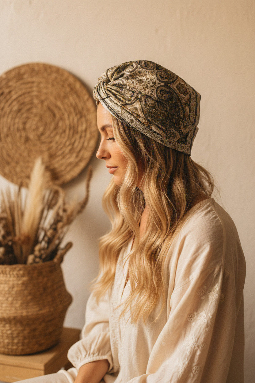 Ivory olive green paisley square scarf worn as boho head wrap hair scarf on woman with blonde hair