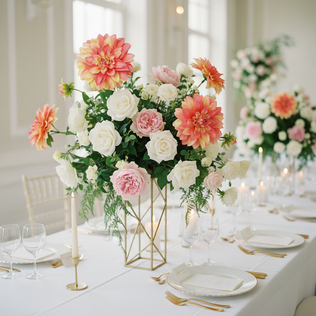 Elegant summer wedding table centerpiece with coral dahlia stems in gold geometric vase with candles and white linen