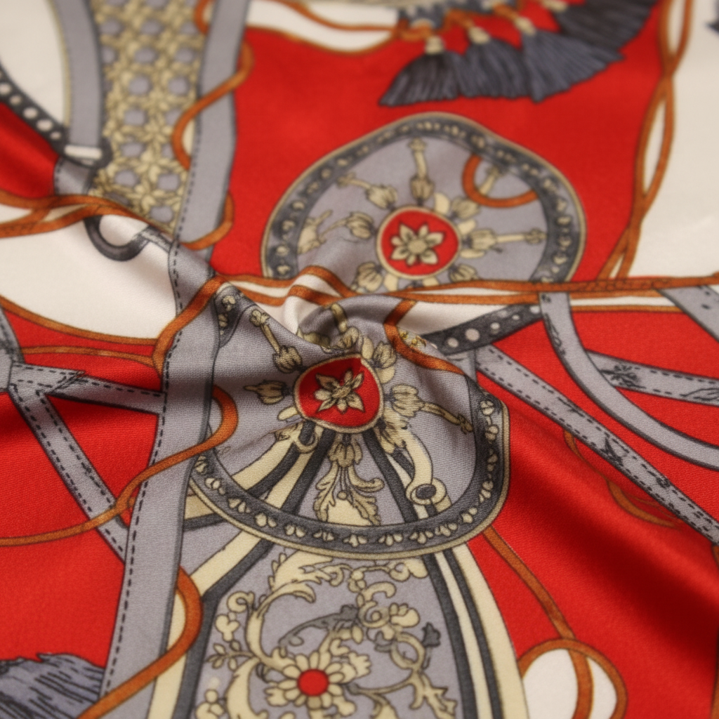 Close-up detail of red equestrian harness satin scarf fabric showing saddle strap pattern