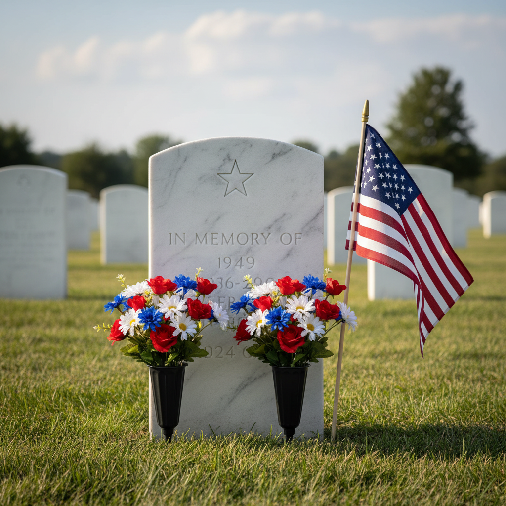 Memorial Day tribute with small black grave vases holding patriotic flowers at veteran memorial