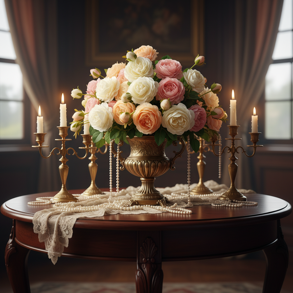 Victorian-style centerpiece with white pink and peach artificial roses in ornate gold urn vase with candelabras, pearls, and lace on mahogany table