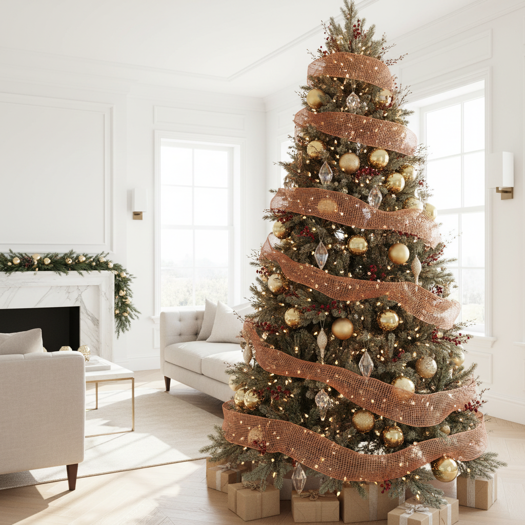 Copper mesh ribbon woven through a luxury Christmas tree with gold ornaments and fairy lights