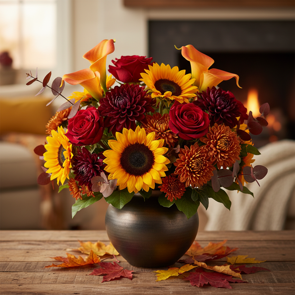 Fall floral arrangement with orange calla lilies burgundy dahlias golden sunflowers and rust chrysanthemums in dark ceramic vase with autumn leaves on wooden table
