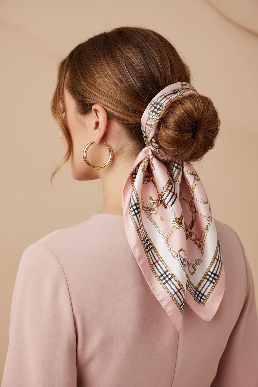 Woman with golden brown hair in updo bun with blush pink equestrian satin square scarf tied in flowing bow blush pink top gold hoop earrings back side angle 20x20