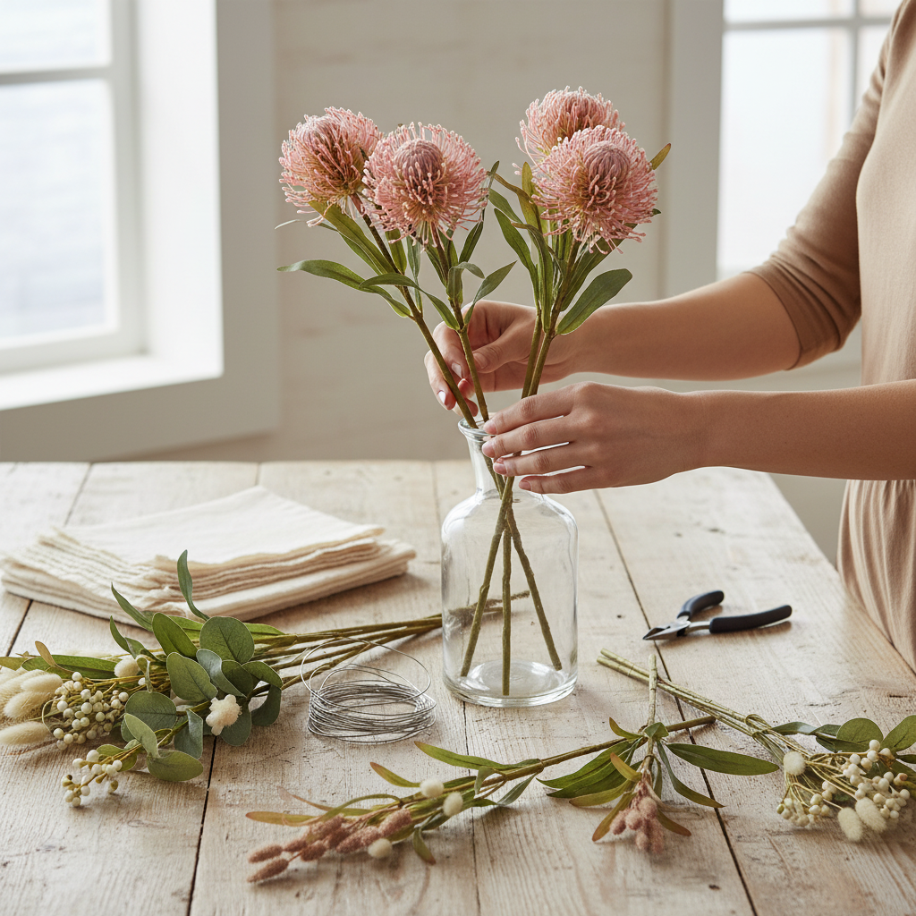 Hands arranging pink blush pincushion protea stems in vase creating DIY artificial flower arrangement on wooden table