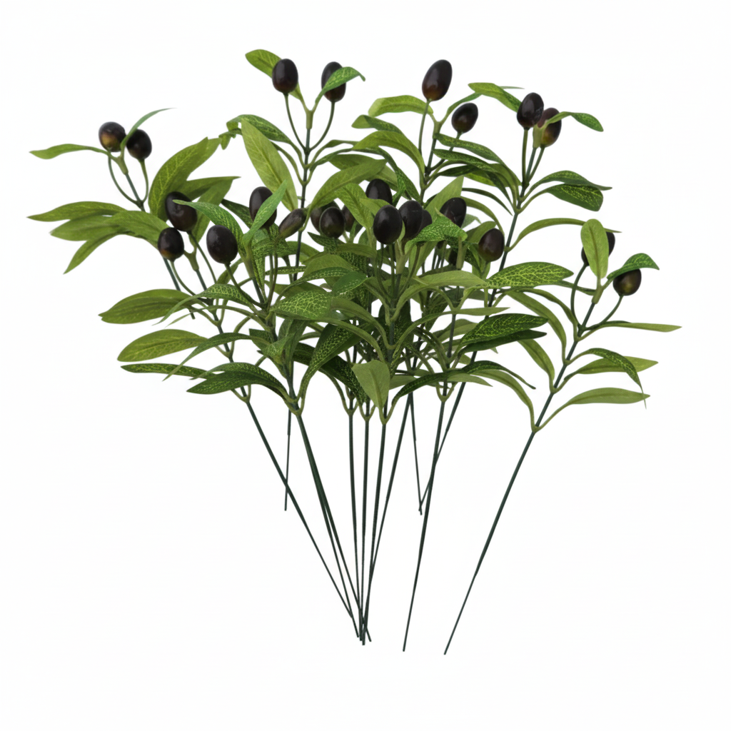 Set of 8 artificial olive branch stems with green leaves and dark black oval berries fanned out on pure white background