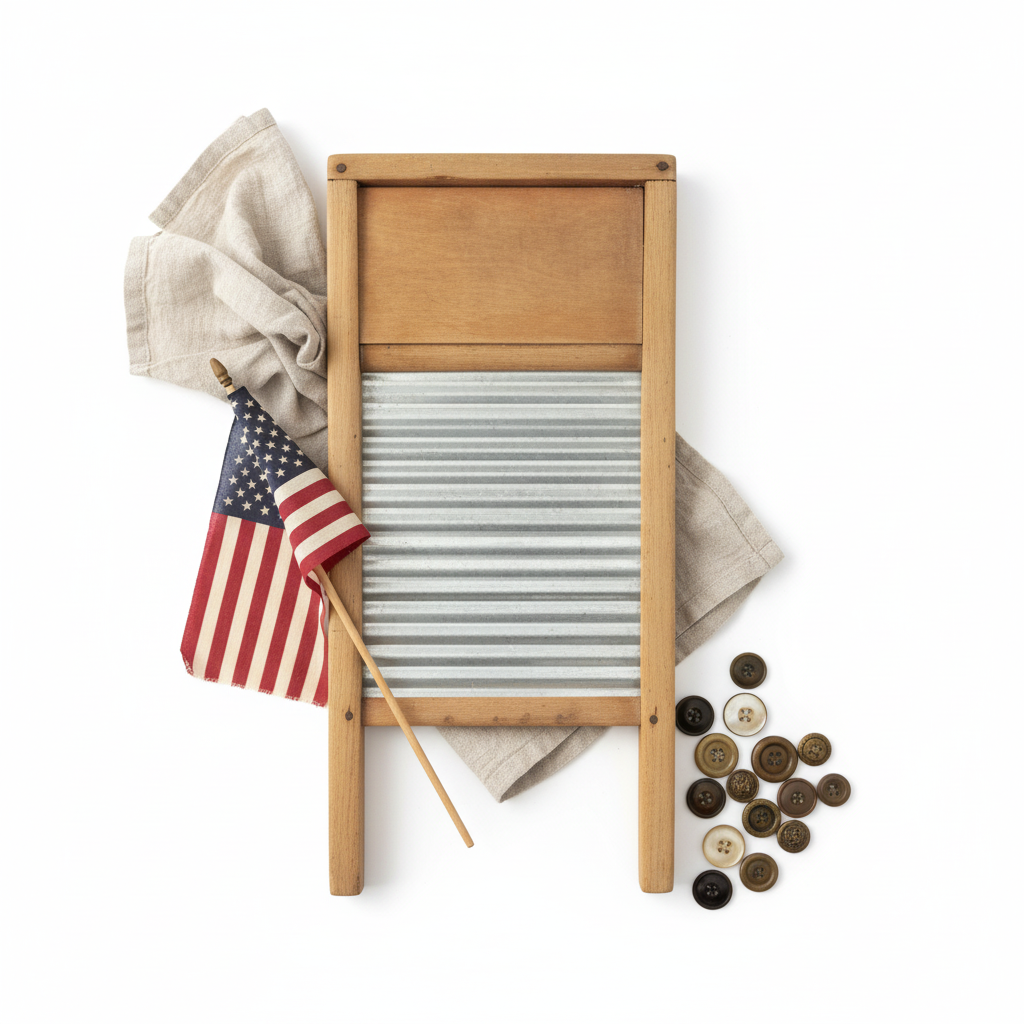 Flat lay of vintage Victory No. 508 glass and wood washboard on white background styled with antique buttons, small American flag, and aged linen fabric