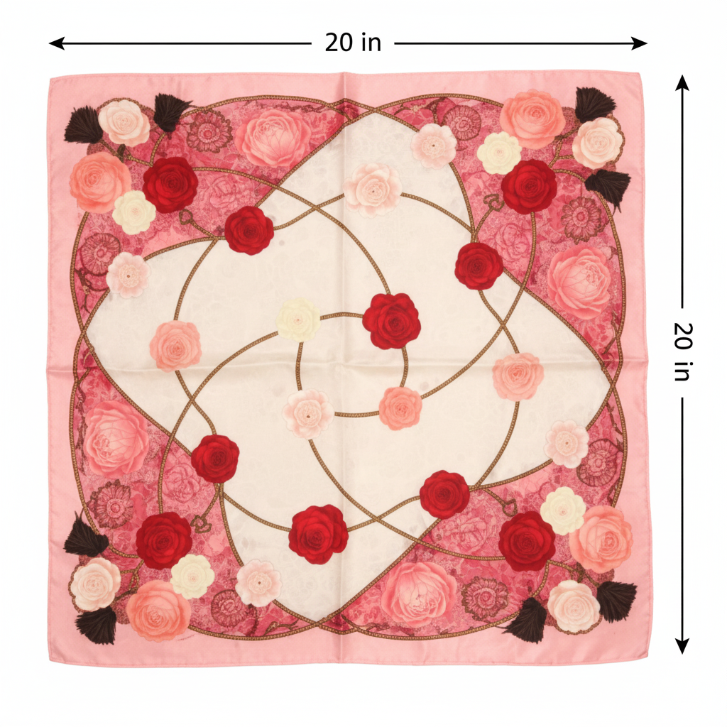Measurement diagram showing red rose floral square scarf dimensions 20 x 20 inches