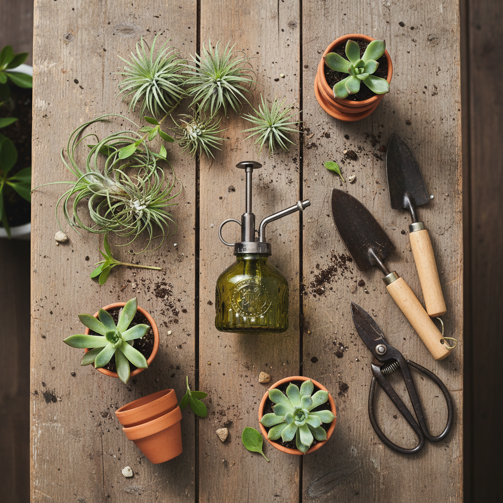 Flat lay of olive green glass plant mister on rustic wooden potting bench with air plants, succulents, and gardening tools