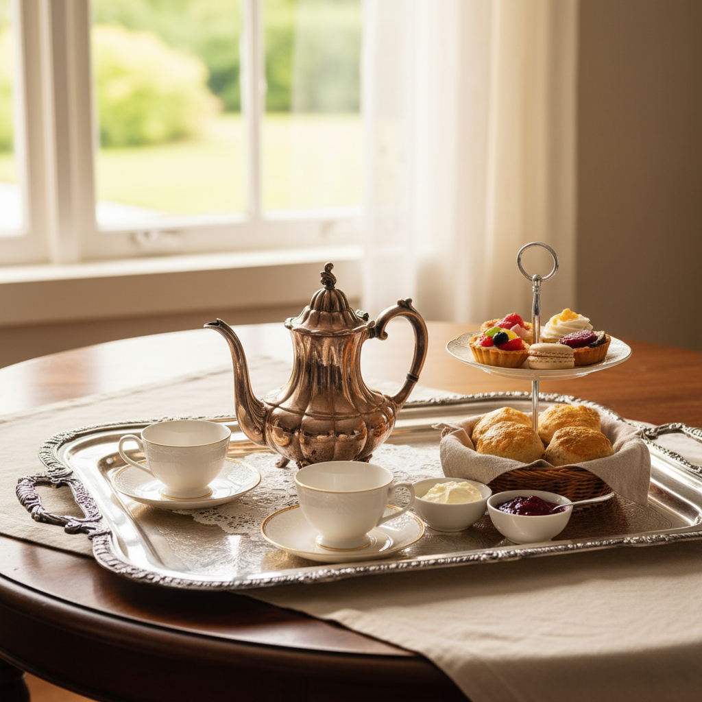 Afternoon tea service with vintage silver plated teapot, delicate teacups, pastries and scones on serving tray
