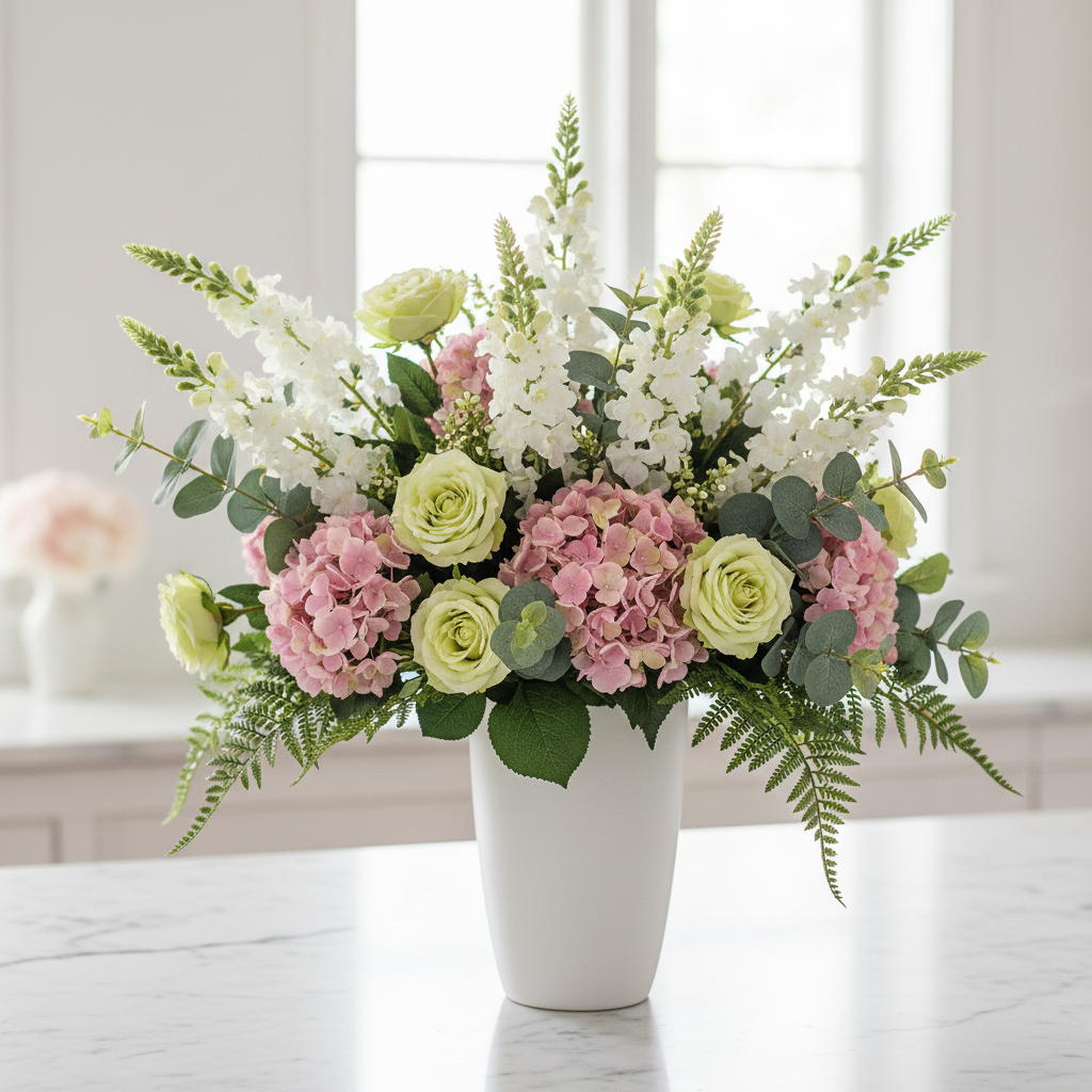 White snapdragon stems with green roses and pink hydrangeas in tall white vase arrangement