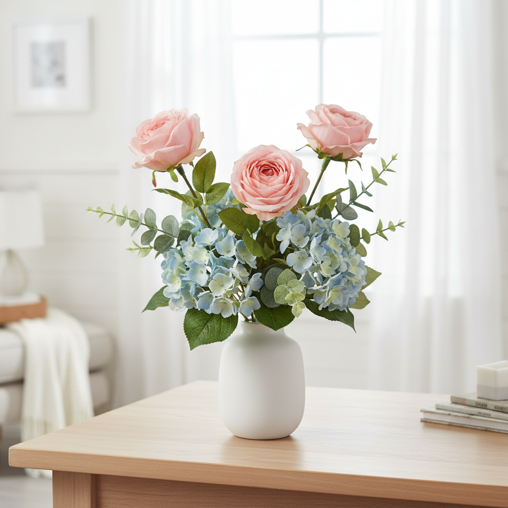 Blush pink artificial silk roses mixed with light blue faux hydrangeas in a white ceramic vase, elegant home decor arrangement