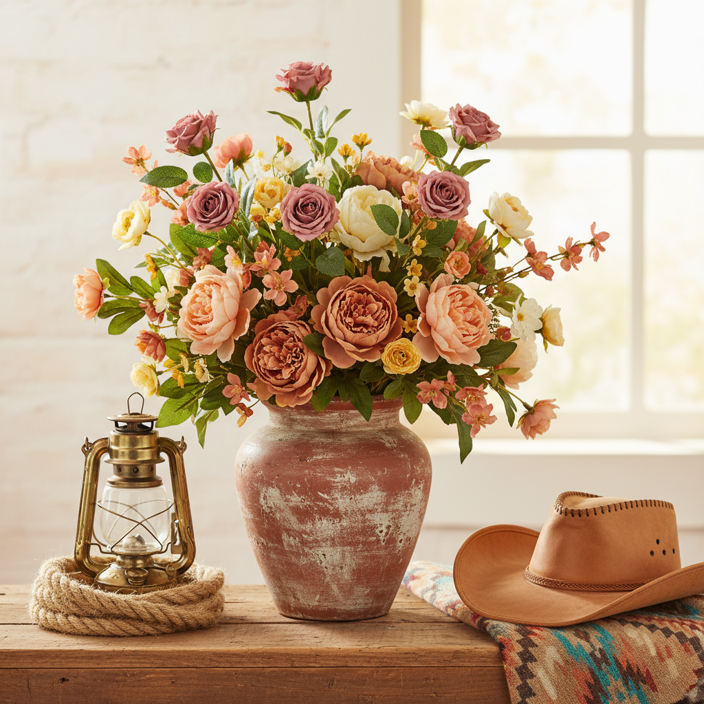 Pink mauve artificial rose stems in a rustic terracotta vase with western props including rope coil, vintage lantern and cowboy hat on weathered wood