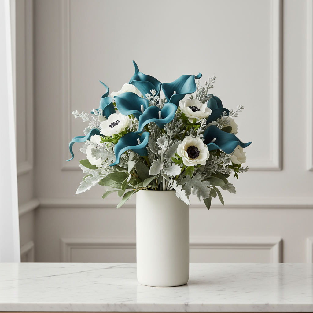 Teal peacock blue artificial calla lily stems as a bold color accent in a white matte ceramic vase with white anemones and dusty miller, contemporary minimalist interior styling on a white marble surface