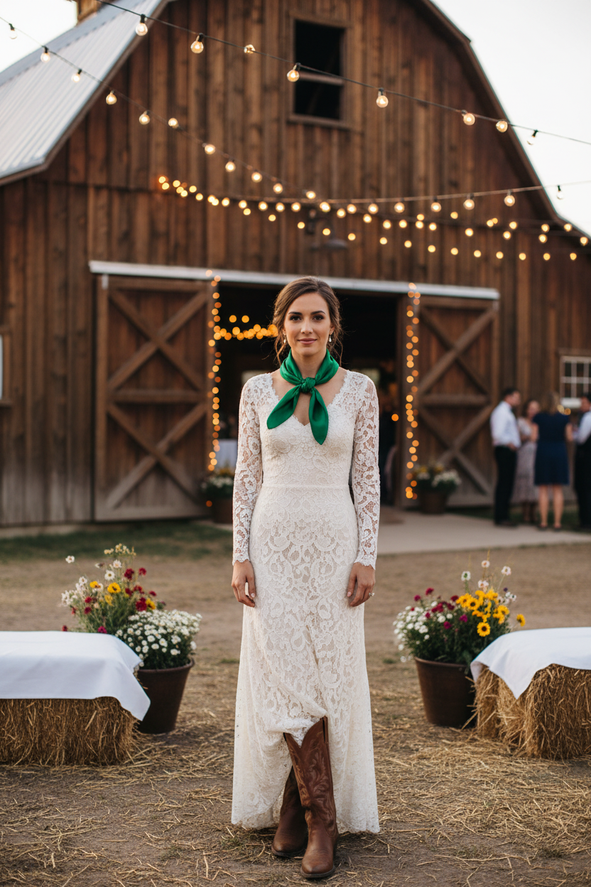 Green wild rag scarf styled with cream lace dress and leather boots at rustic barn wedding venue