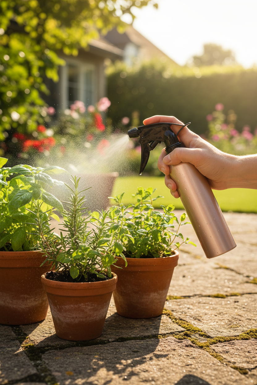 Rose gold metallic aluminum spray bottle misting fresh herbs in terracotta pots on sunny outdoor patio