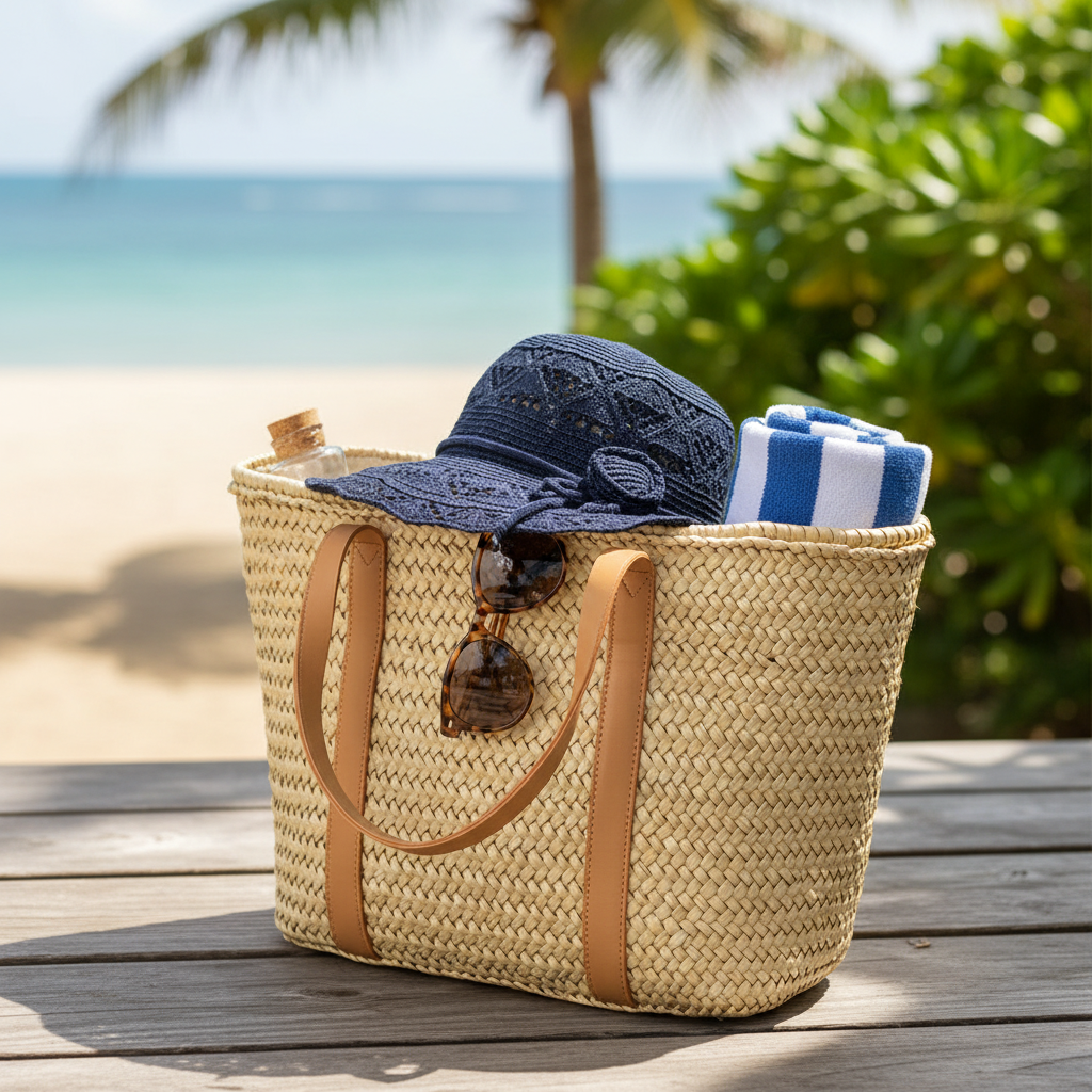 Foldable navy blue sun hat packed in travel bag