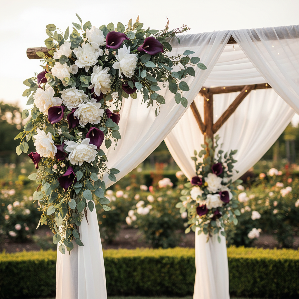 Plum purple artificial calla lilies on romantic wedding arch with eucalyptus greenery and white peonies - faux wedding flower decor