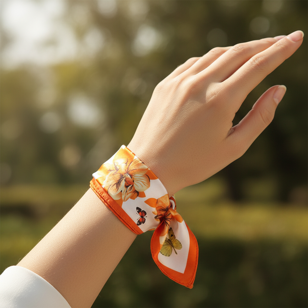Orange Butterfly Floral Satin Scarf Wrapped as Wrist Wrap Bracelet 20x20 Square Scarf