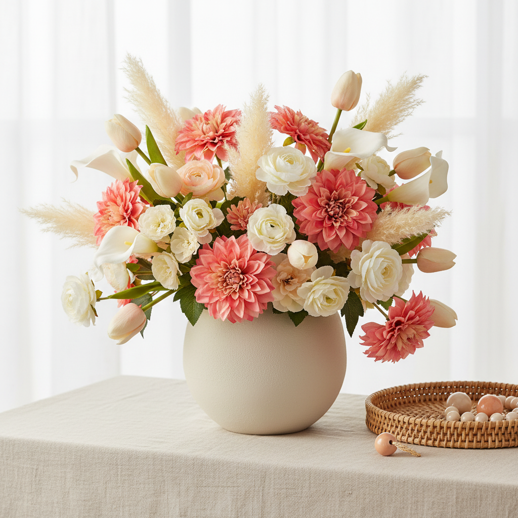 Faux coral pink dahlia stems nestled in a boho mixed floral arrangement with peach tulips and ivory ranunculus in a cream ceramic vase