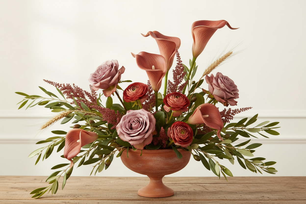 Terracotta calla lily stems arranged in a professional florist-designed fall centerpiece in a terracotta compote bowl with dusty mauve roses, terracotta ranunculus, burgundy astilbe, seeded eucalyptus, olive branches, and wheat on a weathered wood surface