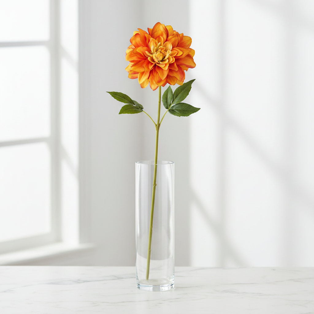 Single orange dahlia faux flower stem in tall clear glass vase on white marble countertop