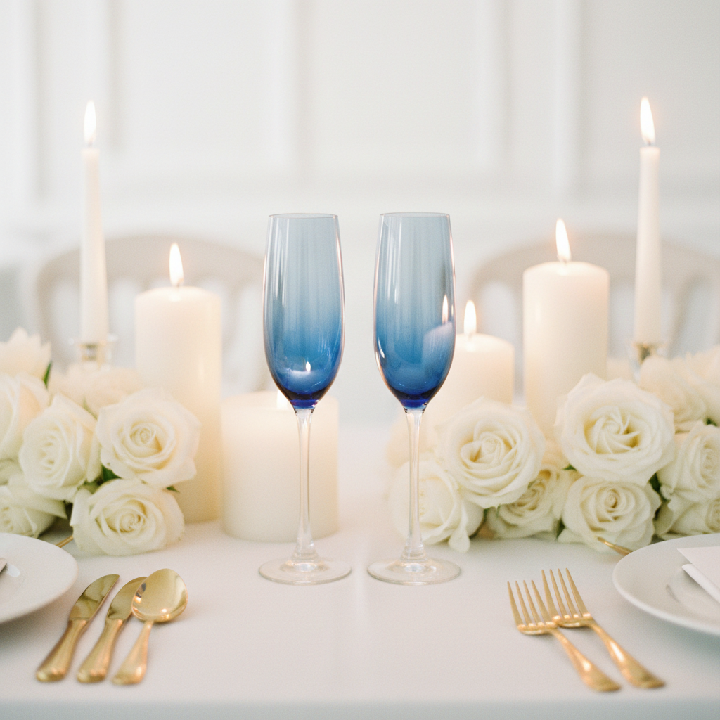 Vintage Libbey Vina blue ombre champagne flutes styled on an elegant wedding reception table with white roses and candles