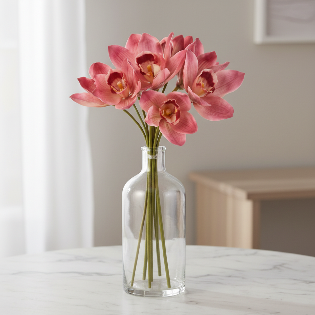Artificial pink and burgundy Cymbidium orchid bouquet in a clear glass vase on a white marble surface, elegant minimalist home decor