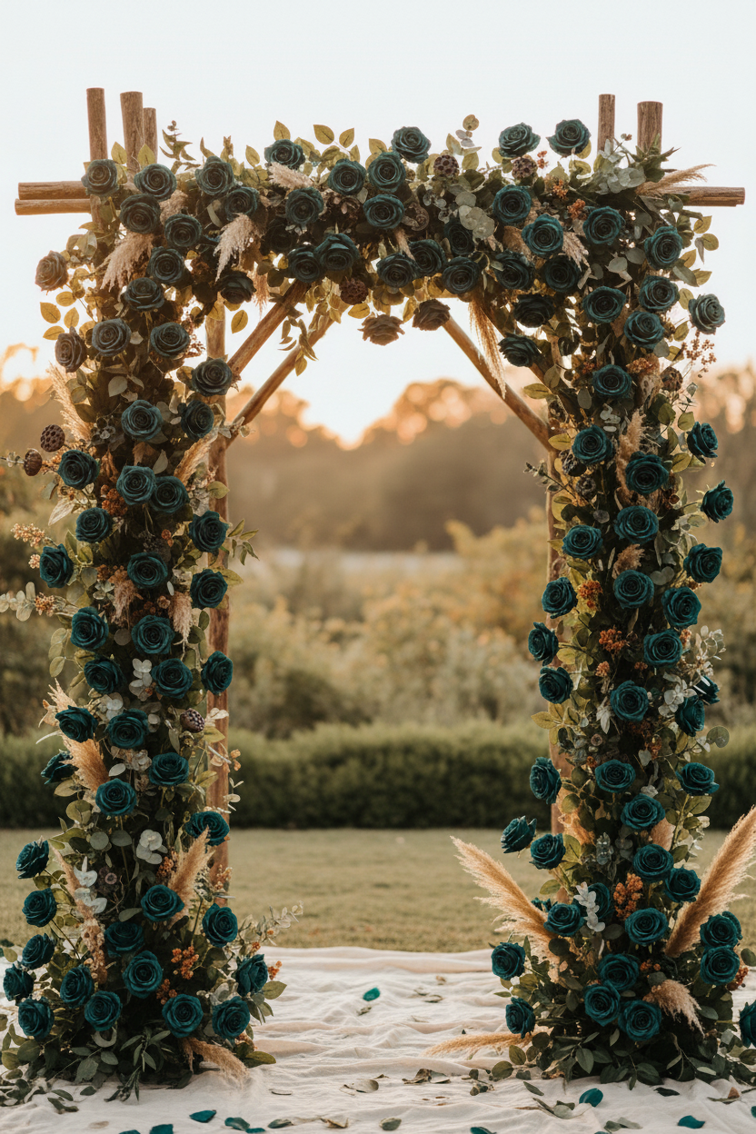 Dark teal green peacock artificial roses as dominant bloom in boho wedding arch with caramel dried botanicals pampas grass and eucalyptus accents at golden hour