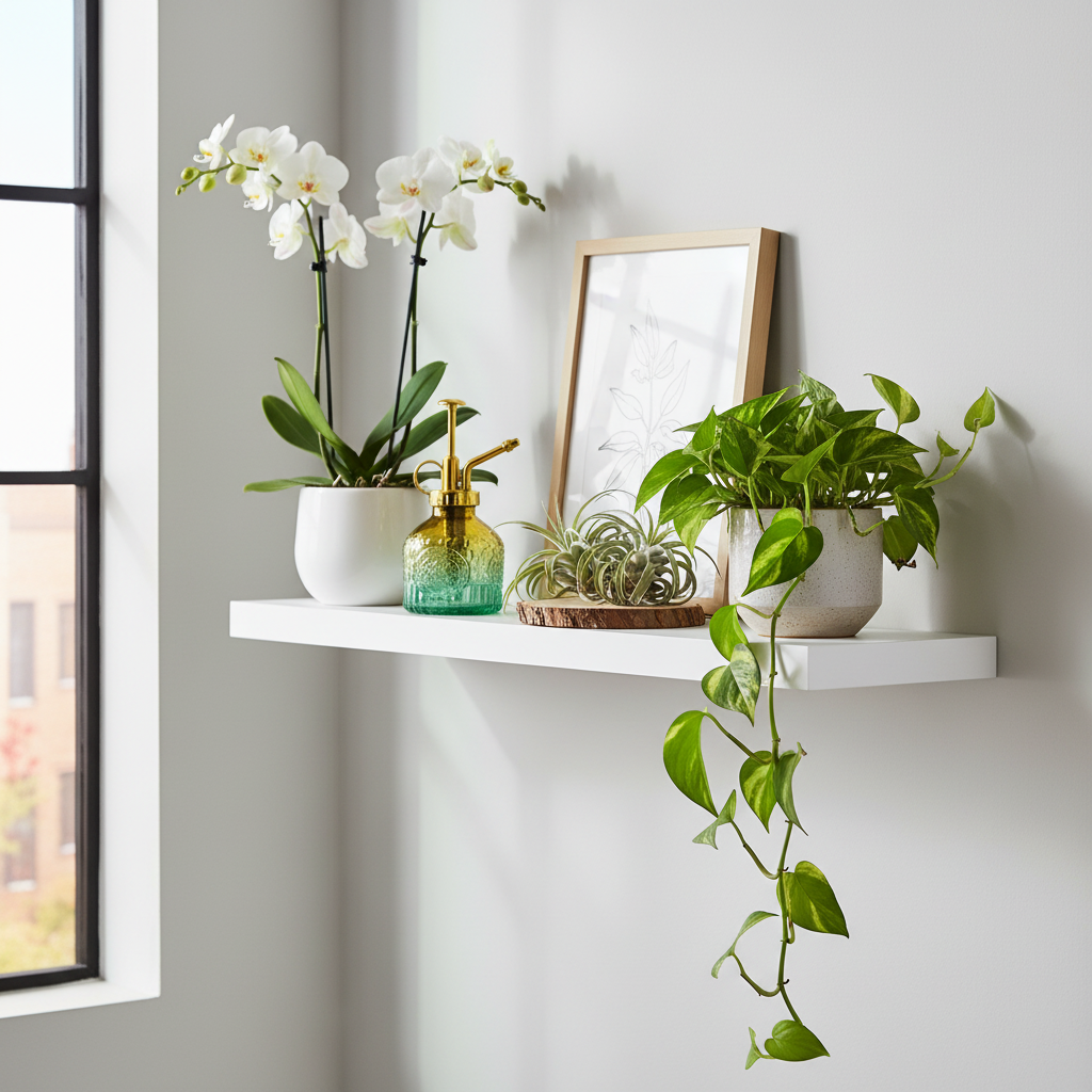 Green yellow gradient glass plant mister on modern white floating shelf with potted orchids, trailing pothos, and air plants in contemporary home
