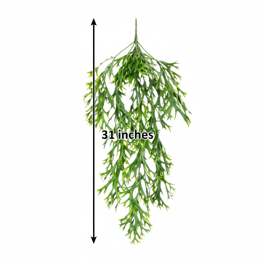 Bright green artificial hanging fern measurement diagram showing 31 inch length on white background