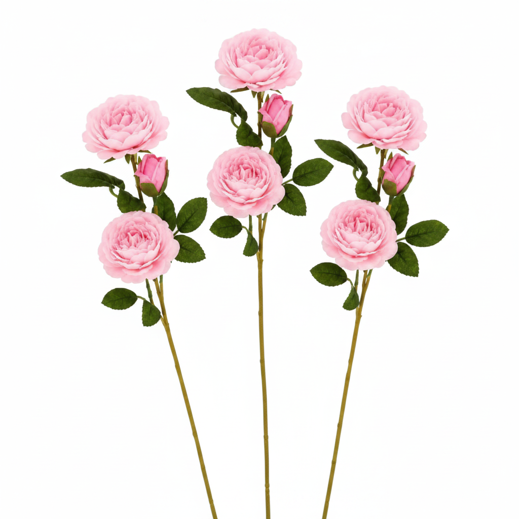 Set of 3 artificial light pink blush garden rose stems with open blooms and buds on white background