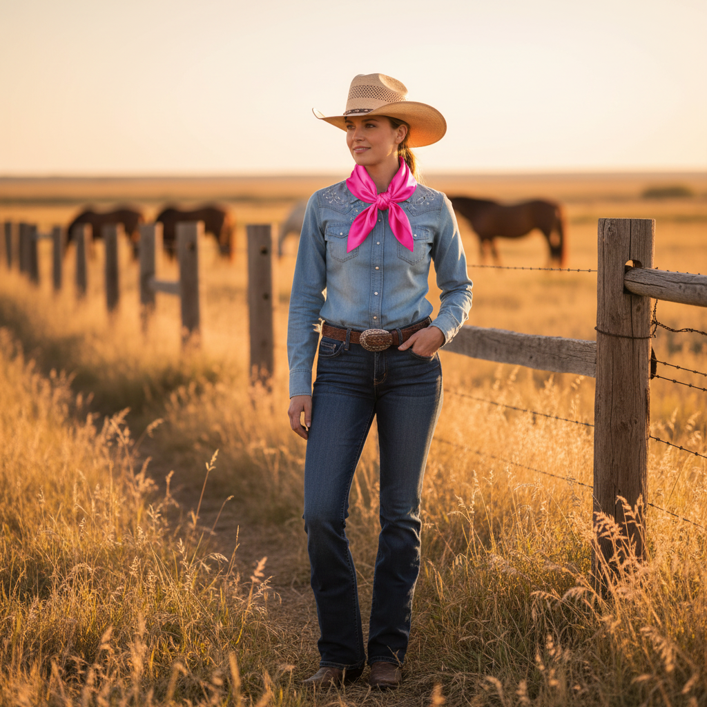 Woman wearing hot pink satin wild rag scarf in classic western style at ranch with horses, golden hour lighting