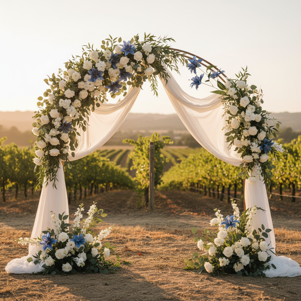 Wedding arch decorated with blue artificial tiger lily stems, white roses, eucalyptus, and flowing white fabric in a garden setting