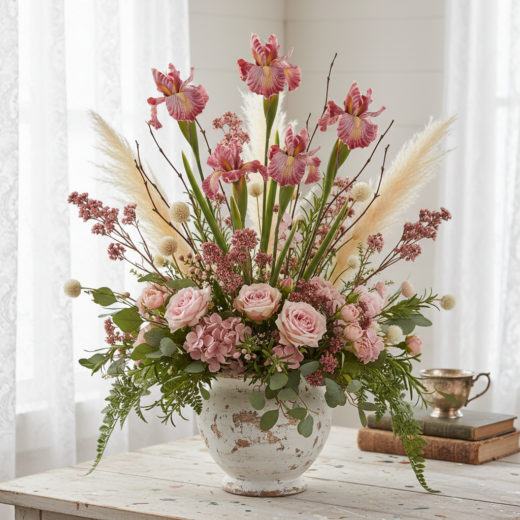 Shabby chic craft-inspired arrangement with pink purple iris, dried flowers, twigs, pampas grass, and soft pink blooms in distressed white vase