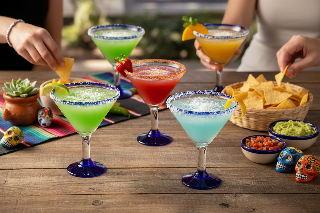 Four Dos Sueños margarita glasses with cream bowls and cobalt blue accents filled with colorful margaritas on rustic wooden table with Mexican-inspired decor