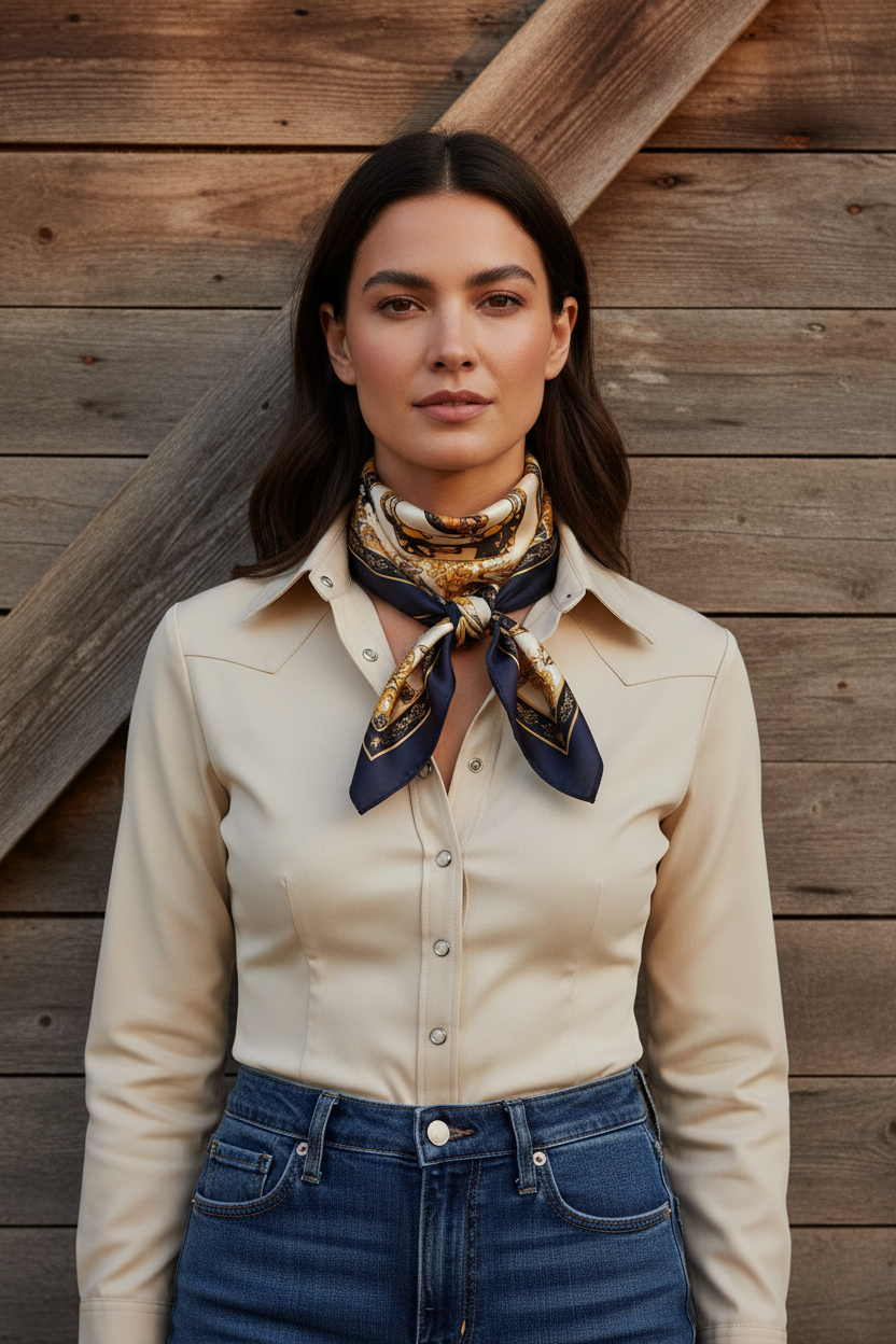 Woman wearing navy gold equestrian horse medallion satin square scarf tied as western neck scarf with cream western shirt and barn wood background