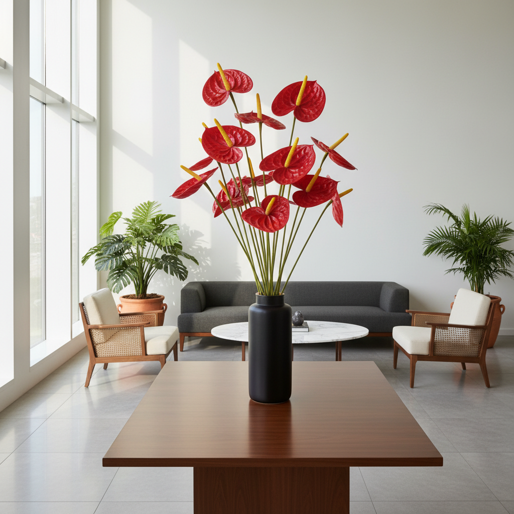 Hotel inspired decor with red artificial Anthurium flowers as bold statement centerpiece on modern dining table