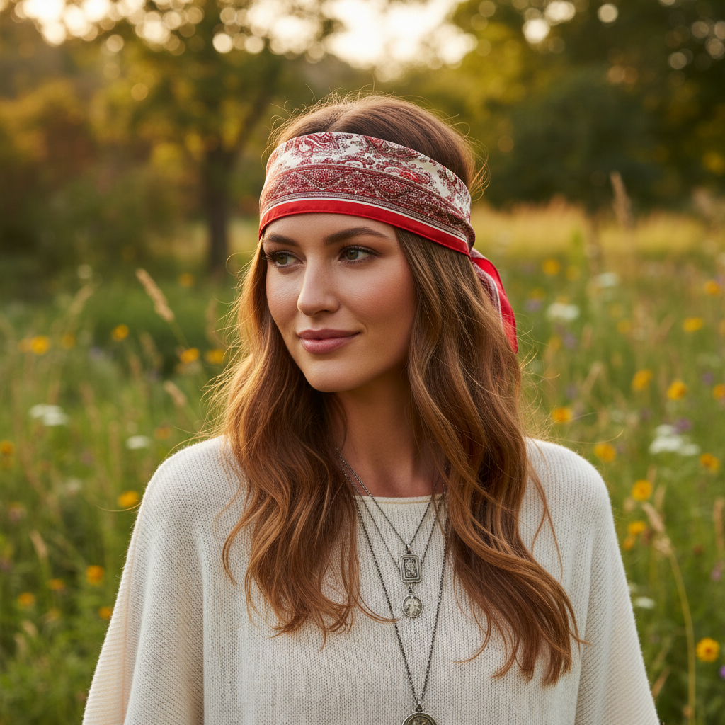 Woman wearing small red paisley satin square scarf tied as headband in hair boho chic style outdoor